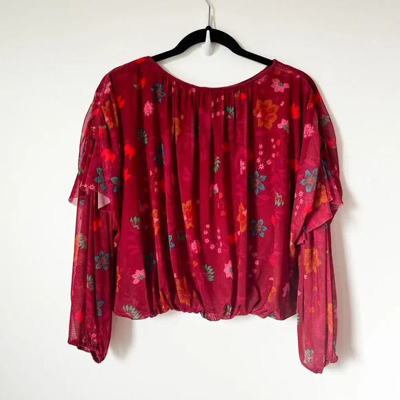 Free People Wildflower Honey Floral Flounce Top XS Red Berry Sheer Mesh - Picture 6 of 11